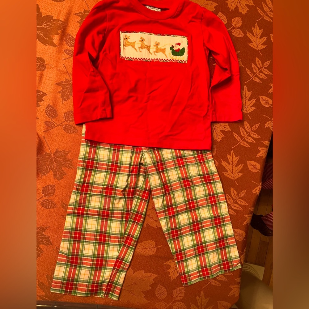 Toddler Boys Smocked Santa’s sleigh Pantset